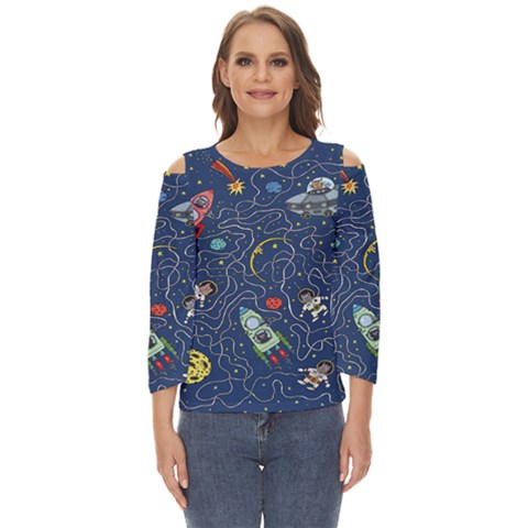 Cat Cosmos Cosmonaut Rocket Cut Out Wide Sleeve Top by Salman4z