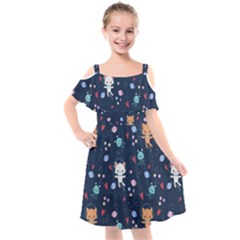 Cute Astronaut Cat With Star Galaxy Elements Seamless Pattern Kids  Cut Out Shoulders Chiffon Dress by Salman4z