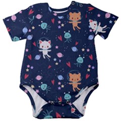 Cute Astronaut Cat With Star Galaxy Elements Seamless Pattern Baby Short Sleeve Bodysuit by Salman4z