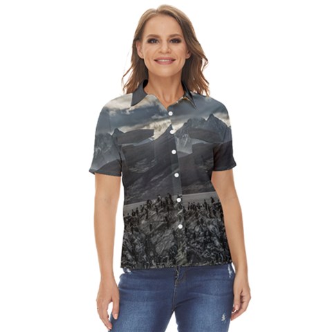 Nature s Symphony: A Portrait Of Ushuaia s Wild Beauty  Women s Short Sleeve Double Pocket Shirt by dflcprintsclothing