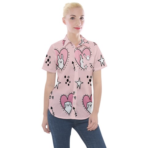 Cartoon Cute Valentines Day Doodle Heart Love Flower Seamless Pattern Vector Women s Short Sleeve Pocket Shirt by Salman4z