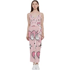 Cartoon Cute Valentines Day Doodle Heart Love Flower Seamless Pattern Vector V-neck Spaghetti Strap Tie Front Jumpsuit by Salman4z