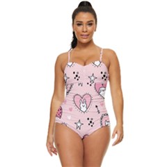 Cartoon Cute Valentines Day Doodle Heart Love Flower Seamless Pattern Vector Retro Full Coverage Swimsuit by Salman4z