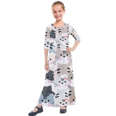 Cute Cat Couple Seamless Pattern Cartoon Kids  Quarter Sleeve Maxi Dress by Salman4z