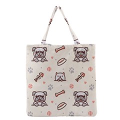 Pug Dog Cat With Bone Fish Bones Paw Prints Ball Seamless Pattern Vector Background Grocery Tote Bag