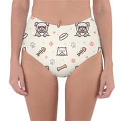 Pug Dog Cat With Bone Fish Bones Paw Prints Ball Seamless Pattern Vector Background Reversible High-waist Bikini Bottoms by Salman4z