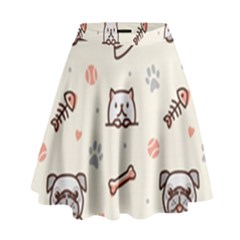 Pug Dog Cat With Bone Fish Bones Paw Prints Ball Seamless Pattern Vector Background High Waist Skirt by Salman4z