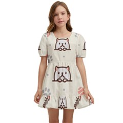 Pug Dog Cat With Bone Fish Bones Paw Prints Ball Seamless Pattern Vector Background Kids  Short Sleeve Dolly Dress by Salman4z