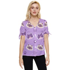 Cute Colorful Cat Kitten With Paw Yarn Ball Seamless Pattern Bow Sleeve Button Up Top by Salman4z