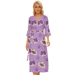 Cute Colorful Cat Kitten With Paw Yarn Ball Seamless Pattern Midsummer Wrap Dress by Salman4z