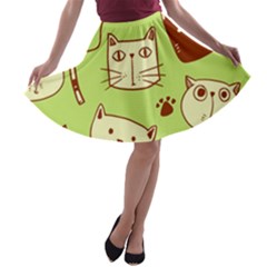 Cute Hand Drawn Cat Seamless Pattern A-line Skater Skirt by Salman4z