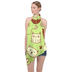 Cute Hand Drawn Cat Seamless Pattern Halter Asymmetric Satin Top