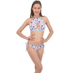 Hearts Seamless Pattern Memphis Style Cross Front Halter Bikini Set by Salman4z