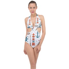 Nautical Elements Pattern Background Halter Front Plunge Swimsuit by Salman4z