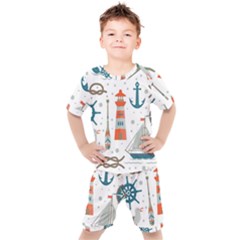 Nautical Elements Pattern Background Kids  Tee And Shorts Set by Salman4z