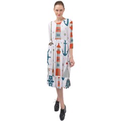 Nautical Elements Pattern Background Ruffle End Midi Chiffon Dress by Salman4z