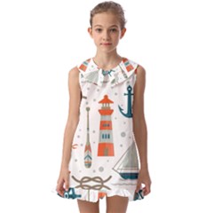 Nautical Elements Pattern Background Kids  Pilgrim Collar Ruffle Hem Dress by Salman4z