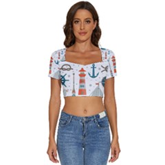 Nautical Elements Pattern Background Short Sleeve Square Neckline Crop Top  by Salman4z