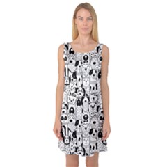 Seamless-pattern-with-black-white-doodle-dogs Sleeveless Satin Nightdress