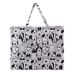 Seamless-pattern-with-black-white-doodle-dogs Zipper Large Tote Bag