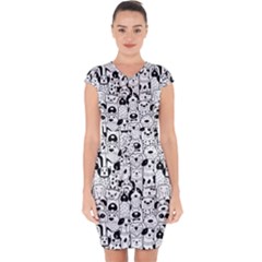 Seamless-pattern-with-black-white-doodle-dogs Capsleeve Drawstring Dress 