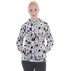 Seamless-pattern-with-black-white-doodle-dogs Women s Hooded Pullover