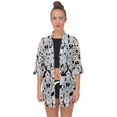 Seamless-pattern-with-black-white-doodle-dogs Open Front Chiffon Kimono