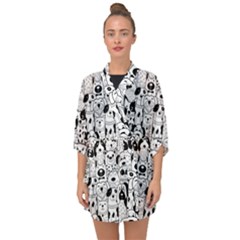 Seamless-pattern-with-black-white-doodle-dogs Half Sleeve Chiffon Kimono