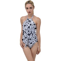 Seamless-pattern-with-black-white-doodle-dogs Go with the Flow One Piece Swimsuit