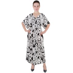 Seamless-pattern-with-black-white-doodle-dogs V-Neck Boho Style Maxi Dress