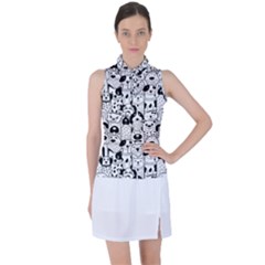 Seamless-pattern-with-black-white-doodle-dogs Women s Sleeveless Polo Tee