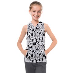 Seamless-pattern-with-black-white-doodle-dogs Kids  Sleeveless Hoodie