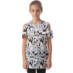 Seamless-pattern-with-black-white-doodle-dogs Fold Over Open Sleeve Top