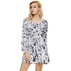 Seamless-pattern-with-black-white-doodle-dogs Tiered Long Sleeve Mini Dress