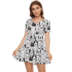 Seamless-pattern-with-black-white-doodle-dogs Tiered Short Sleeve Babydoll Dress