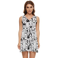 Seamless-pattern-with-black-white-doodle-dogs Tiered Sleeveless Mini Dress