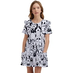 Seamless-pattern-with-black-white-doodle-dogs Kids  Frilly Sleeves Pocket Dress