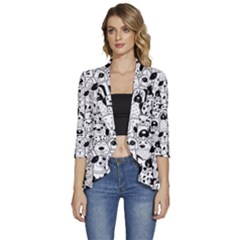 Seamless-pattern-with-black-white-doodle-dogs Women s 3/4 Sleeve Ruffle Edge Open Front Jacket