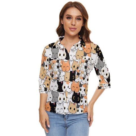 Cute-cat-kitten-cartoon-doodle-seamless-pattern Women s Quarter Sleeve Pocket Shirt by Salman4z