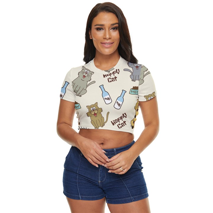 Happy-cats-pattern-background Side Button Cropped Tee