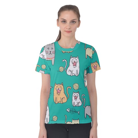 Seamless-pattern-cute-cat-cartoon-with-hand-drawn-style Women s Cotton Tee by Salman4z