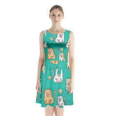 Seamless-pattern-cute-cat-cartoon-with-hand-drawn-style Sleeveless Waist Tie Chiffon Dress