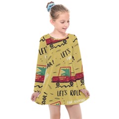 Childish-seamless-pattern-with-dino-driver Kids  Long Sleeve Dress