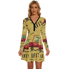 Childish-seamless-pattern-with-dino-driver Long Sleeve Deep V Mini Dress  by Salman4z