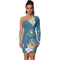 Seamless-pattern-funny-astronaut-outer-space-transportation Long Sleeve One Shoulder Mini Dress by Salman4z