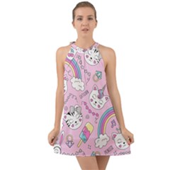 Beautiful-cute-animals-pattern-pink Halter Tie Back Chiffon Dress by Salman4z