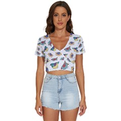 Seamless-pattern-with-hand-drawn-bird-black V-neck Crop Top by Salman4z