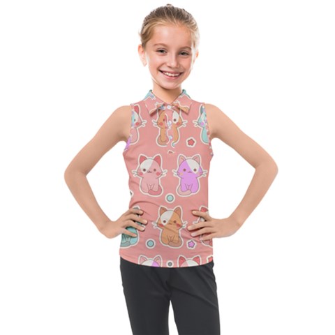 Cute-kawaii-kittens-seamless-pattern Kids  Sleeveless Polo Tee by Salman4z