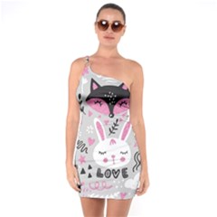 Big-set-with-cute-cartoon-animals-bear-panda-bunny-penguin-cat-fox One Shoulder Ring Trim Bodycon Dress by Salman4z