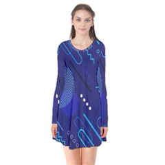 Classic-blue-background-abstract-style Long Sleeve V-neck Flare Dress by Salman4z